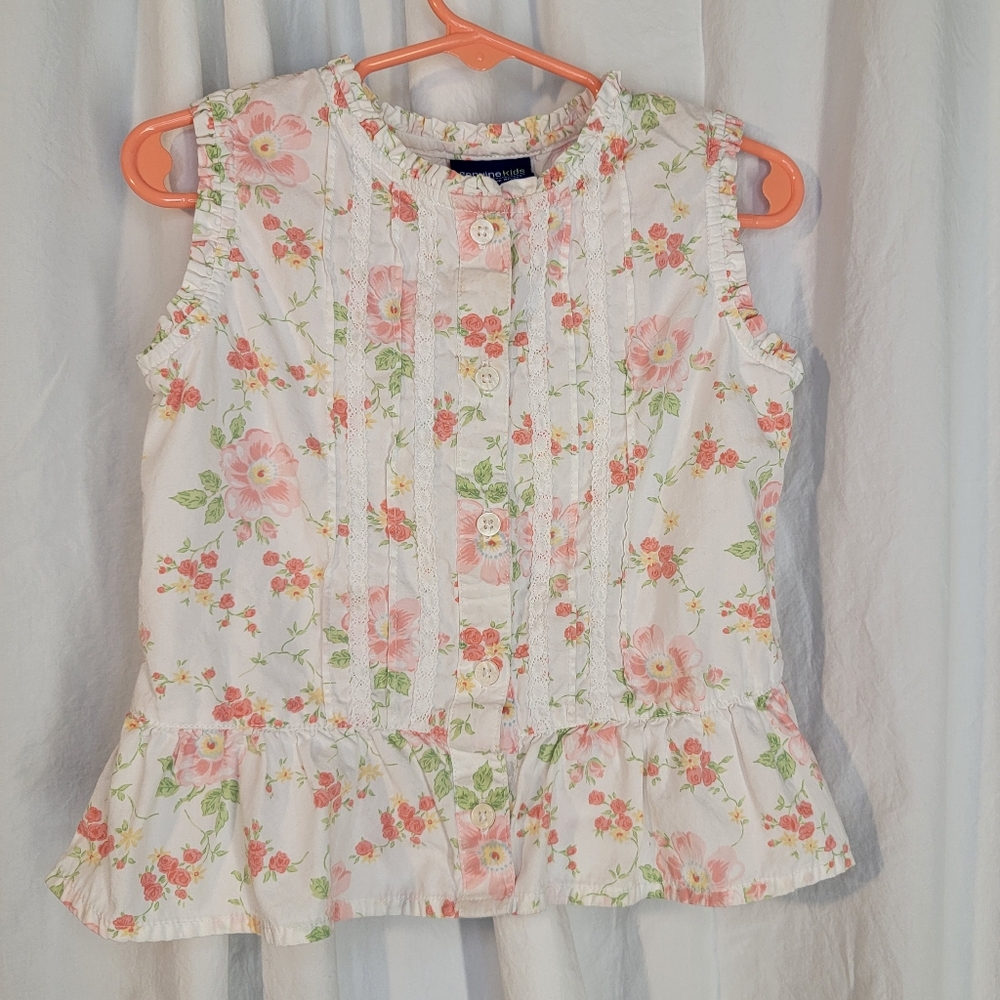 OshKosh B'gosh Floral Button Down Girls Ruffled Shirt - Pink, Green, Cream